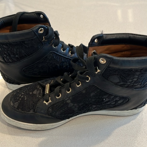Authentic Jimmy Choo Black Lace and Leather Tokyo High Top Sneakers - Picture 8 of 11